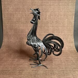 Large Cast Iron Folk Art Rooster Sculpture – Raised Feather Detail, 13" Tall